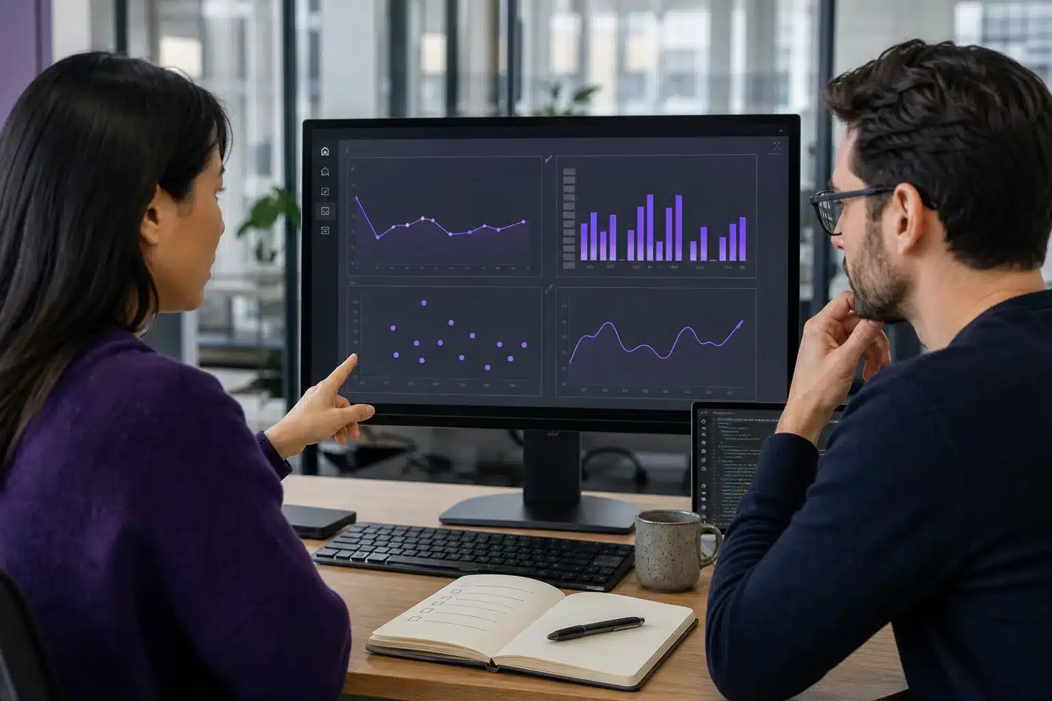 Evaluación de un sistema de IA empresarial Profesionales evaluando métricas anónimas de un sistema de inteligencia artificial empresarial