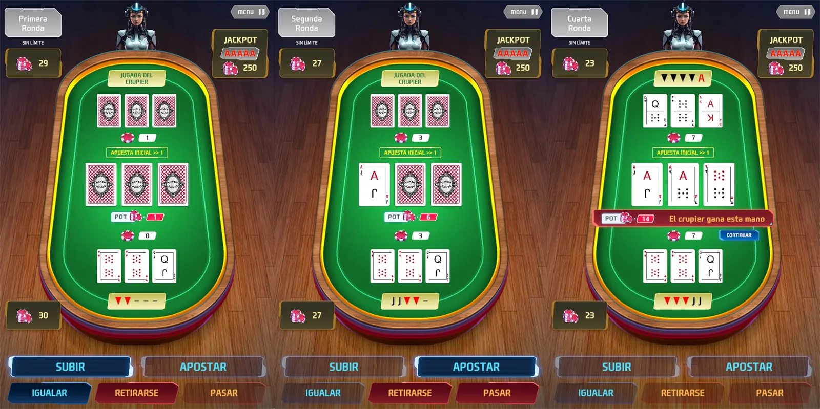 Daker jugada de Poker con doble valor donde el Crupier gana la partida.