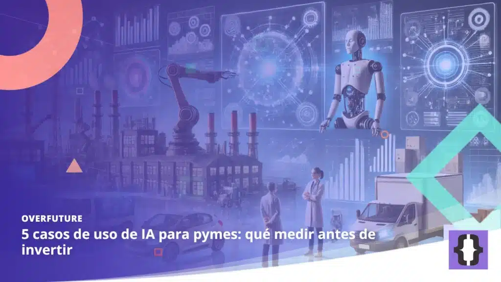Portada del artículo «5 casos de uso de IA para pymes: qué medir antes de invertir» de OverFuture, sobre una imagen de una ilustración de usos de la IA en la industria y la logística