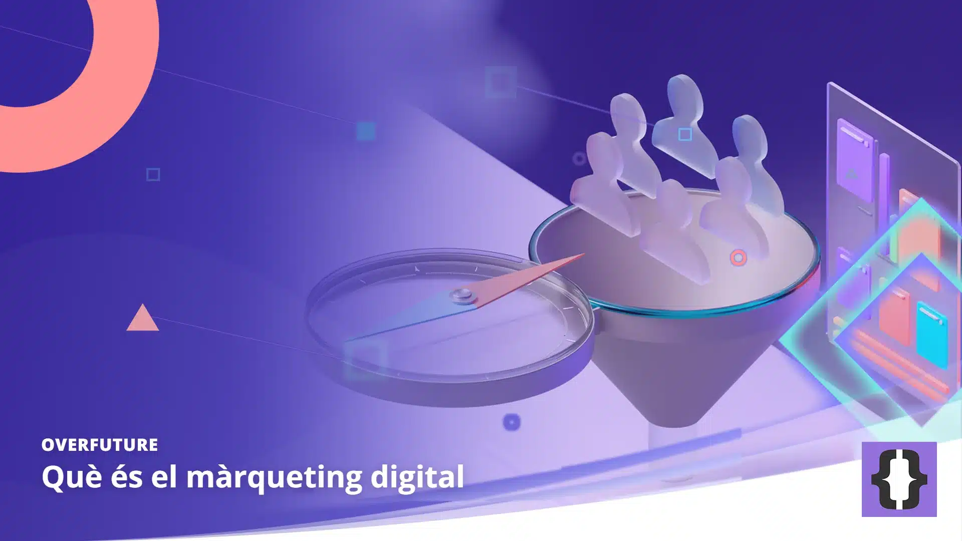 Portada de l’article «Què és el màrqueting digital» d’OverFuture, sobre una imatge on es veu una brúixola que apunta a un grup d’icones d’usuari sense rostre, amb un embut a sota