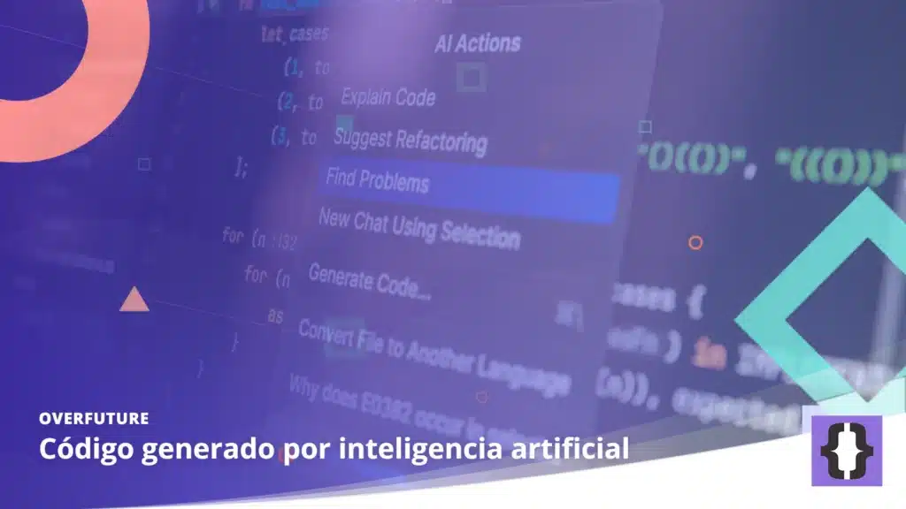 Portada del artículo «Código generado por inteligencia artificial» de OverFuture, sobre una imagen de un asistente de IA en un editor de código