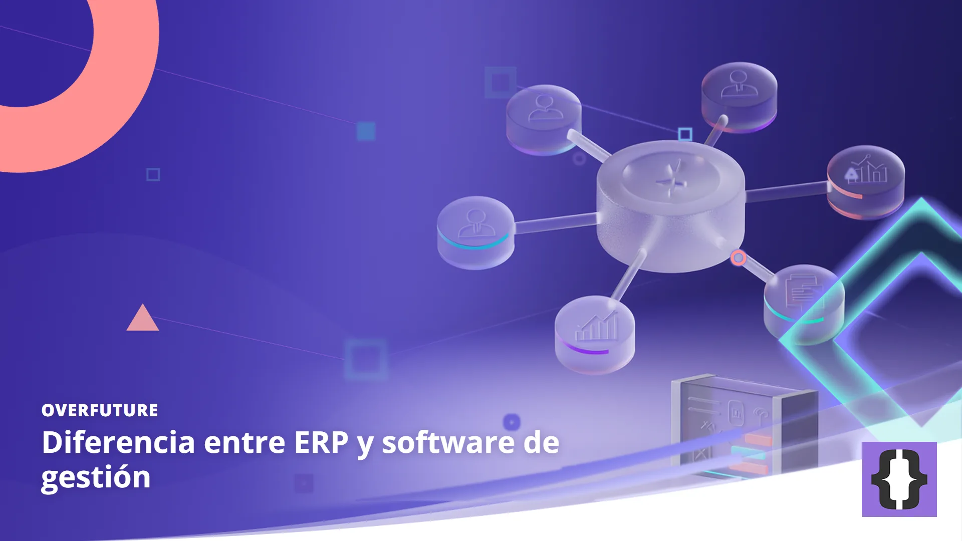 Portada del artículo «Diferencia entre ERP y software de gestión» de OverFuture, sobre una imagen de un núcleo que une seis departamentos frente a una herramienta aislada