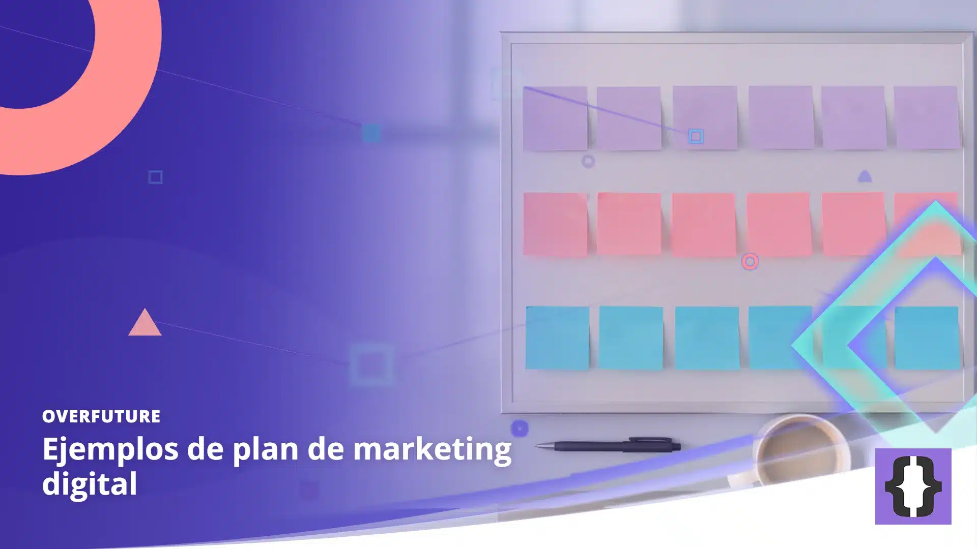 Portada del artículo «Ejemplos de plan de marketing digital» de OverFuture, sobre una imagen de un planificador de pared con notas adhesivas de colores en tres filas, un bolígrafo y una taza de café