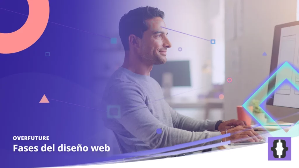 Portada del artículo «Fases del diseño web» de OverFuture, sobre una imagen de un diseñador web que pasa de los bocetos en papel a un esquema de página en un monitor grande