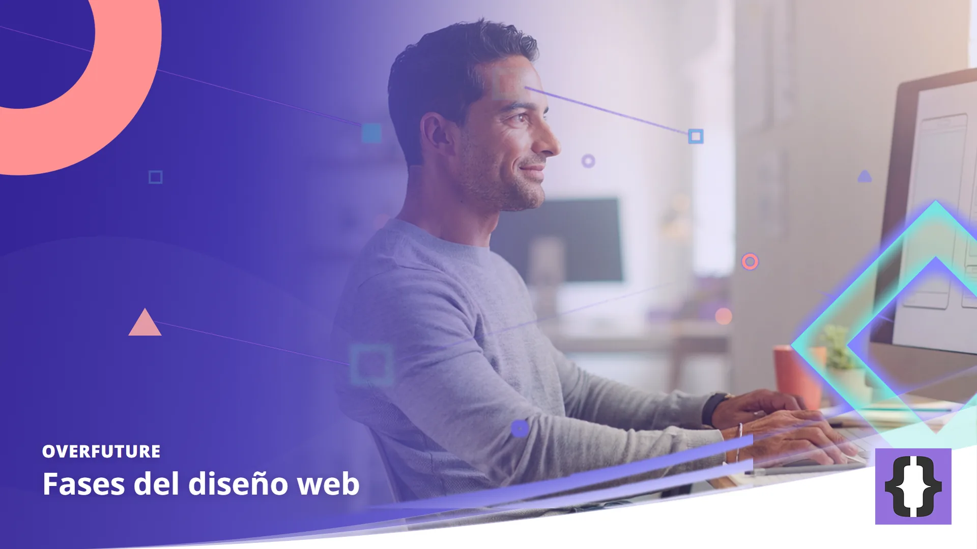 Portada del artículo «Fases del diseño web» de OverFuture, sobre una imagen de un diseñador web que pasa de los bocetos en papel a un esquema de página en un monitor grande