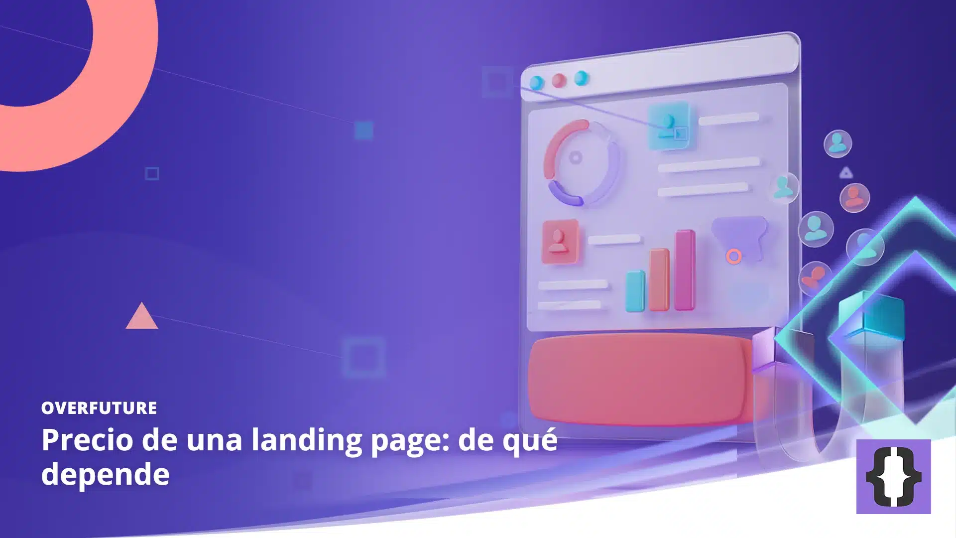 Portada del artículo «Precio de una landing page: de qué depende» de OverFuture, sobre una imagen de una página web alargada con un botón coral al final y un imán que atrae iconos de usuarios hacia él