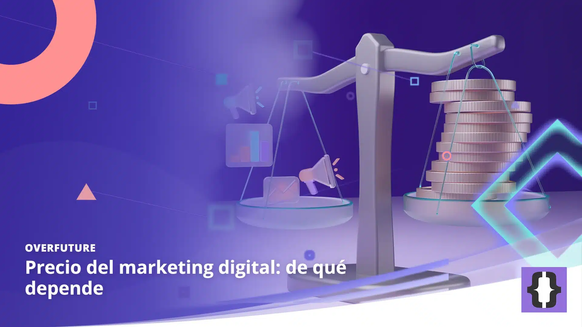 Portada del artículo «Precio del marketing digital: de qué depende» de OverFuture, sobre una imagen de una balanza con monedas en un plato y, en el otro, iconos de un gráfico, un megáfono y un correo