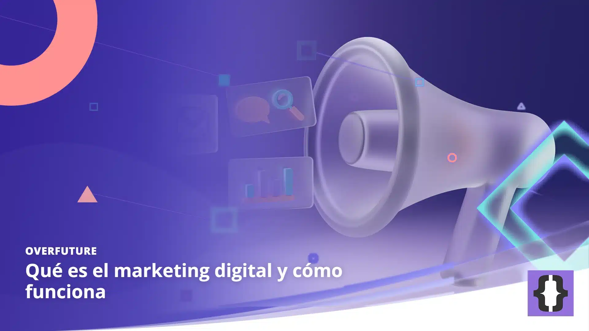 Portada del artículo «Qué es el marketing digital y cómo funciona» de OverFuture, sobre una imagen de un megáfono de cristal que lanza tarjetas flotantes: un sobre, una lupa, un globo de chat y un gráfico de barras