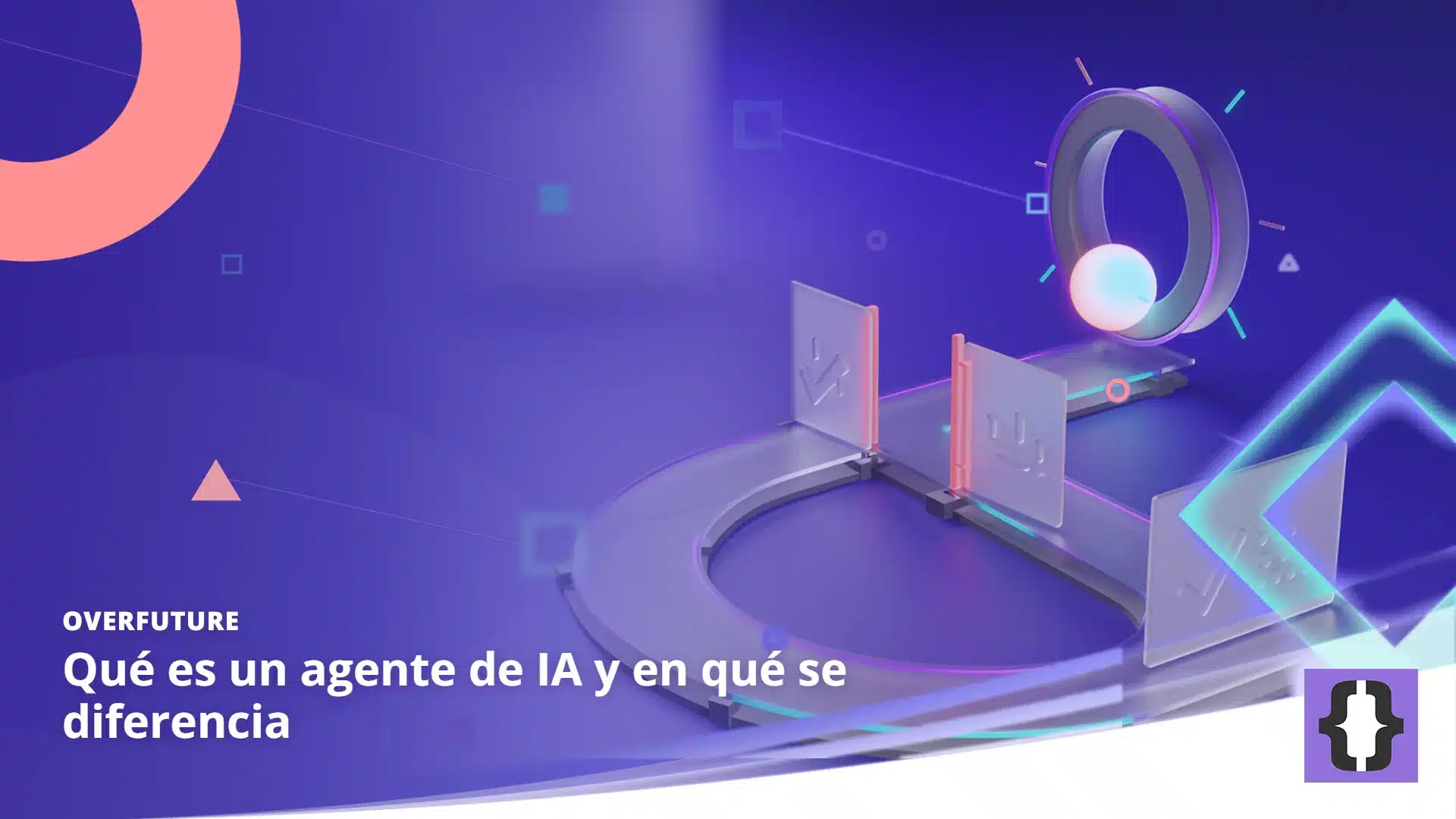 Portada del artículo «Qué es un agente de IA y en qué se diferencia» de OverFuture, sobre una imagen de una esfera luminosa que recorre una pista de cristal por tres estaciones: una diana, un camino con dos puertas y una tarjeta con una marca de verificación