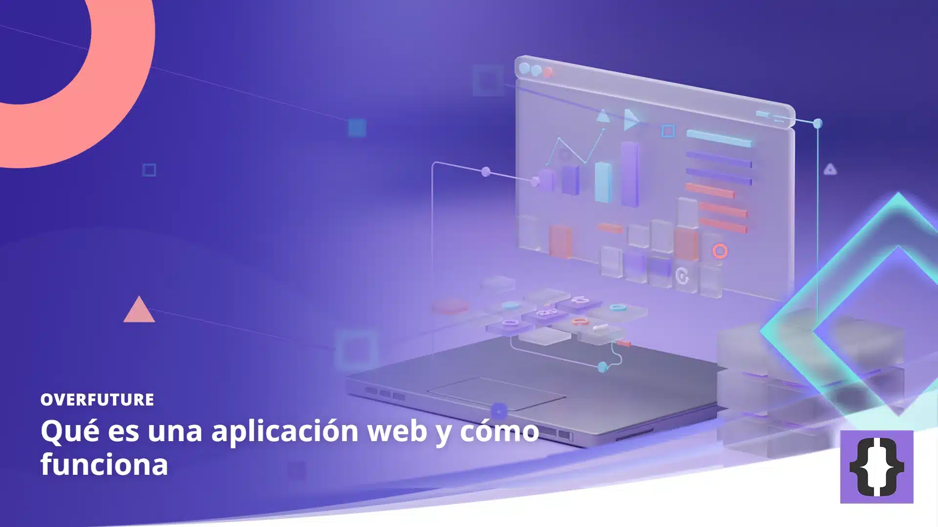 Portada del artículo «Qué es una aplicación web y cómo funciona» de OverFuture, sobre una imagen de una ventana de navegador que se monta con bloques y se une a un servidor y a una base de datos