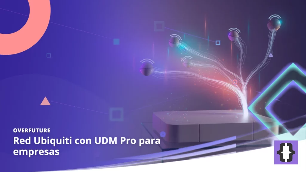 Portada del artículo «Red Ubiquiti con UDM Pro para empresas» de OverFuture, sobre una imagen de una pasarela de red de la que brotan haces de fibra hacia puntos de acceso flotantes