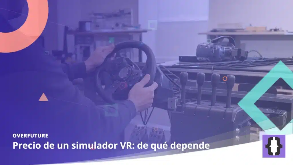 Portada del artículo «Precio de un simulador VR: de qué depende» de OverFuture, sobre una imagen de los controles físicos de un simulador VR de carretilla