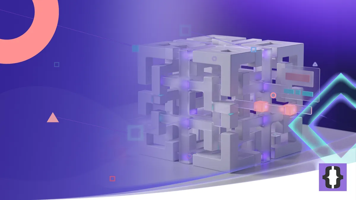 Portada del artículo «Cómo crear una IA para tu empresa» de OverFuture, sobre una imagen de una red neuronal de bloques alimentada con cubos de datos