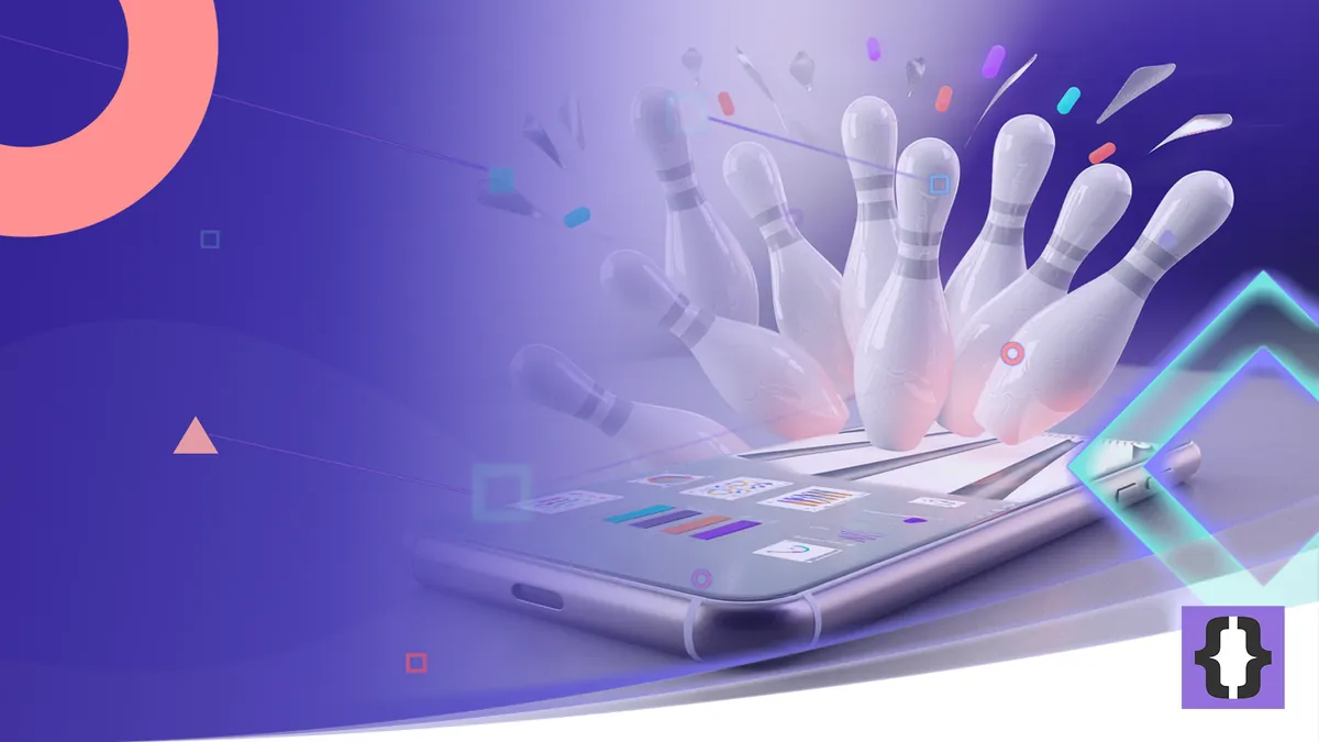 Portada del artículo «Cómo desarrollar un juego de bolos para Android con Unity» de OverFuture, sobre una imagen de bolos que salen de la pantalla de un móvil tras un pleno