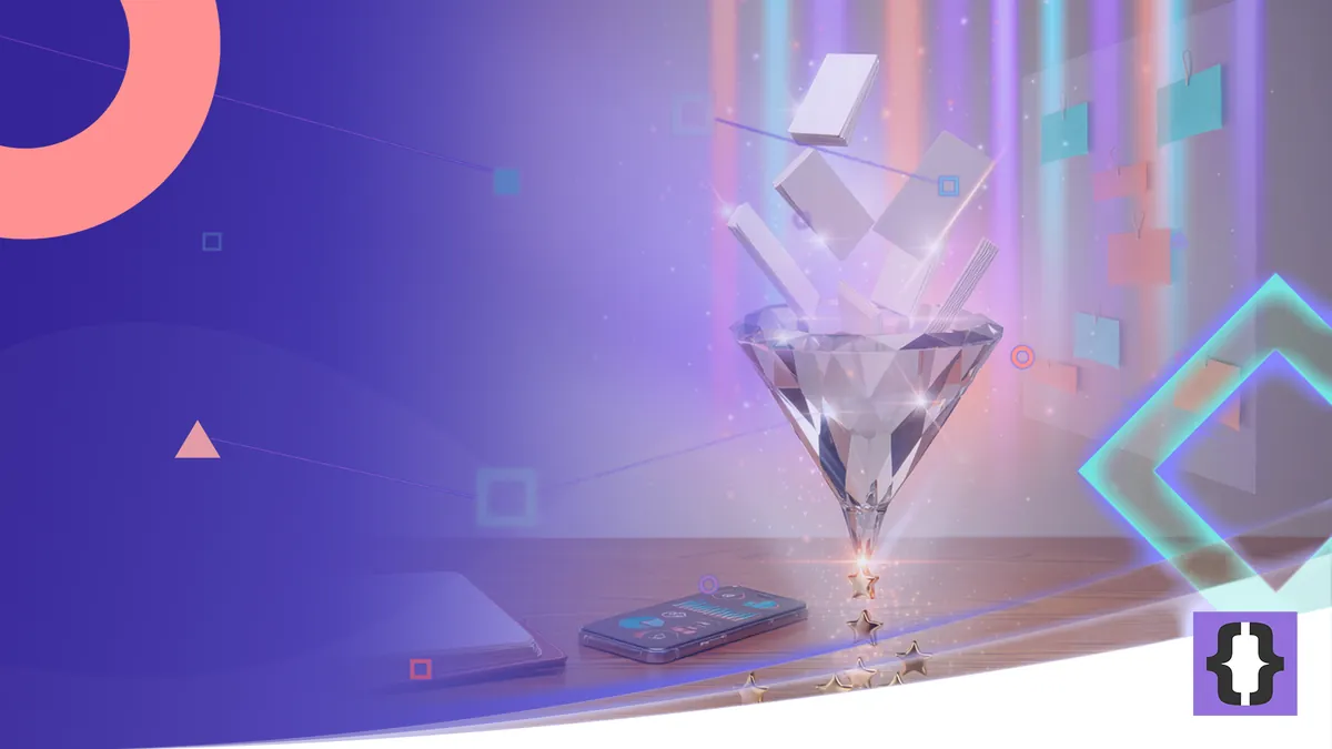 Portada del artículo «CRM: qué es y para qué sirve» de OverFuture, sobre una imagen de un embudo de cristal que convierte tarjetas de clientes en estrellas doradas, con un tablero de oportunidades