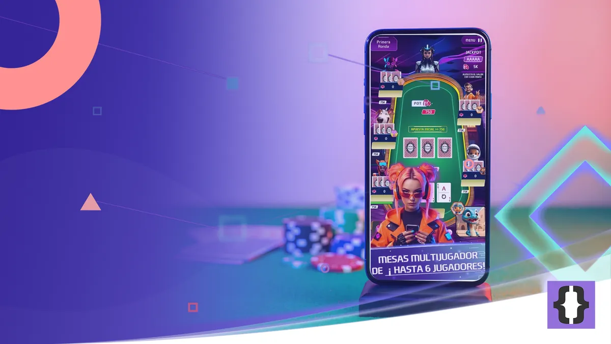 Portada del artículo «Reglas y feedback en un juego de cartas móvil» de OverFuture, sobre una imagen de un móvil con una partida real de Daker Poker sobre una mesa de casino