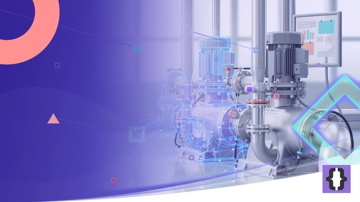 Portada del artículo «Gemelos digitales para empresas: del espejo visual al modelo operativo» de OverFuture, sobre una imagen de una bomba industrial junto a su gemelo digital en malla azul