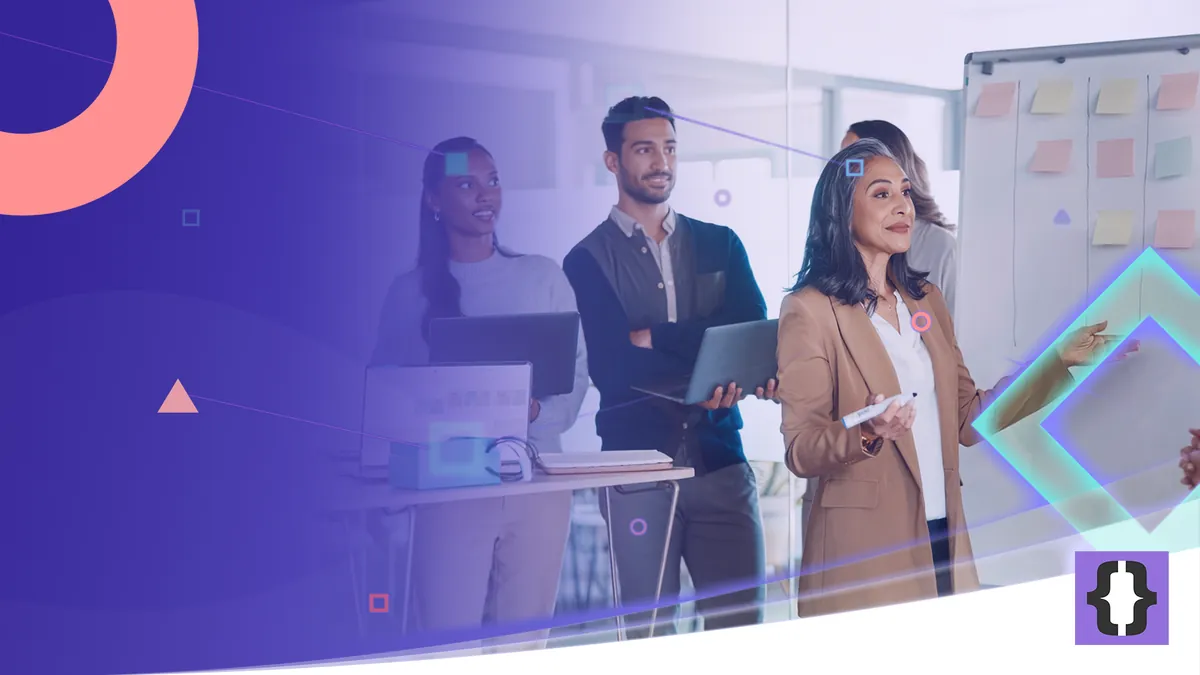 Portada del artículo «Gestión de proyectos de software» de OverFuture, sobre una imagen de una jefa de proyecto que dirige una reunión de pie ante un tablero con notas adhesivas y su equipo