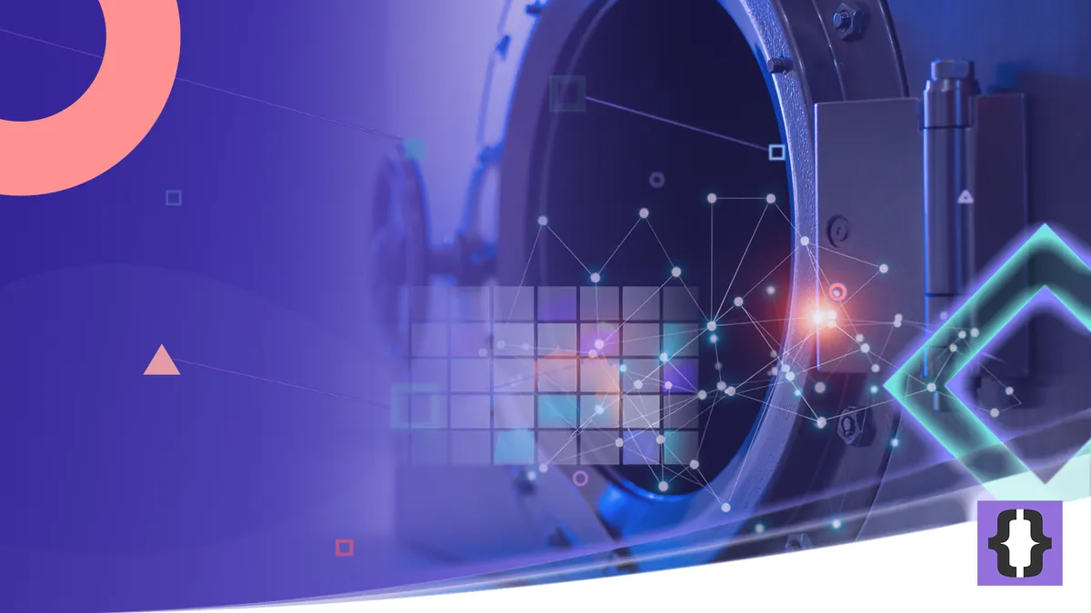 Portada del artículo «Cómo la IA está cambiando la gestión del riesgo en la banca española» de OverFuture, sobre una imagen de la puerta de una cámara acorazada con un mapa de riesgo y una red de datos