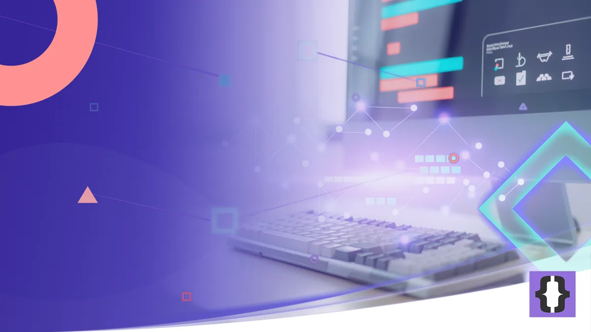 Portada del artículo «Impacto de la IA en el desarrollo de software» de OverFuture, sobre una imagen de una red neuronal que reordena bloques de código ante un teclado