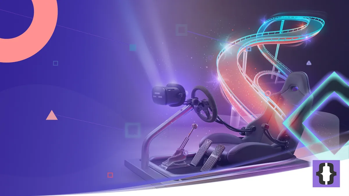 Portada del artículo «Cómo integrar volante y controles físicos en un simulador VR» de OverFuture, sobre una imagen de un simulador de conducción cuyo visor proyecta un circuito de luz en espiral