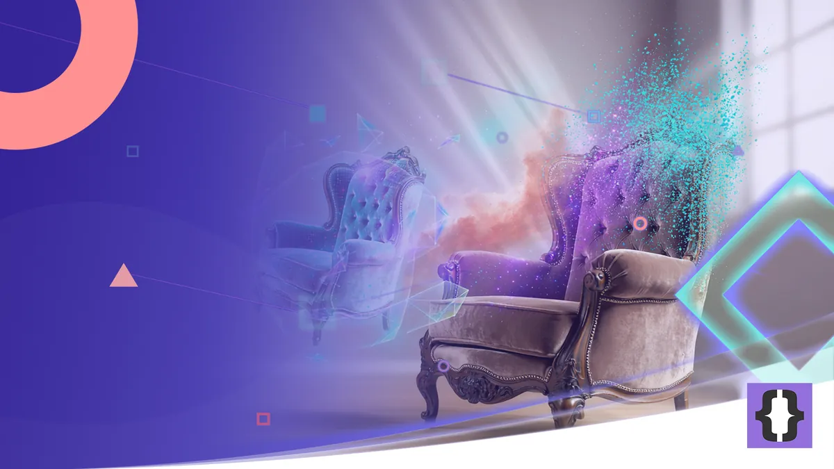 Portada del artículo «Qué es la realidad extendida o XR y cuándo tiene sentido utilizarla» de OverFuture, sobre una imagen de un sillón que se deshace en partículas y renace como holograma flotante
