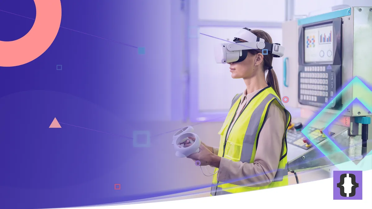 Portada del artículo «Realidad virtual para formación industrial: cuándo aporta valor» de OverFuture, sobre una imagen de un operario con visor que practica junto a una máquina real