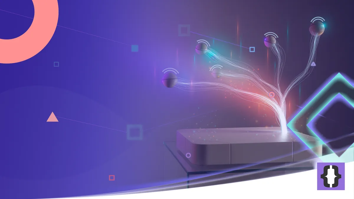 Portada del artículo «Red Ubiquiti con UDM Pro para empresas» de OverFuture, sobre una imagen de una pasarela de red de la que brotan haces de fibra hacia puntos de acceso flotantes