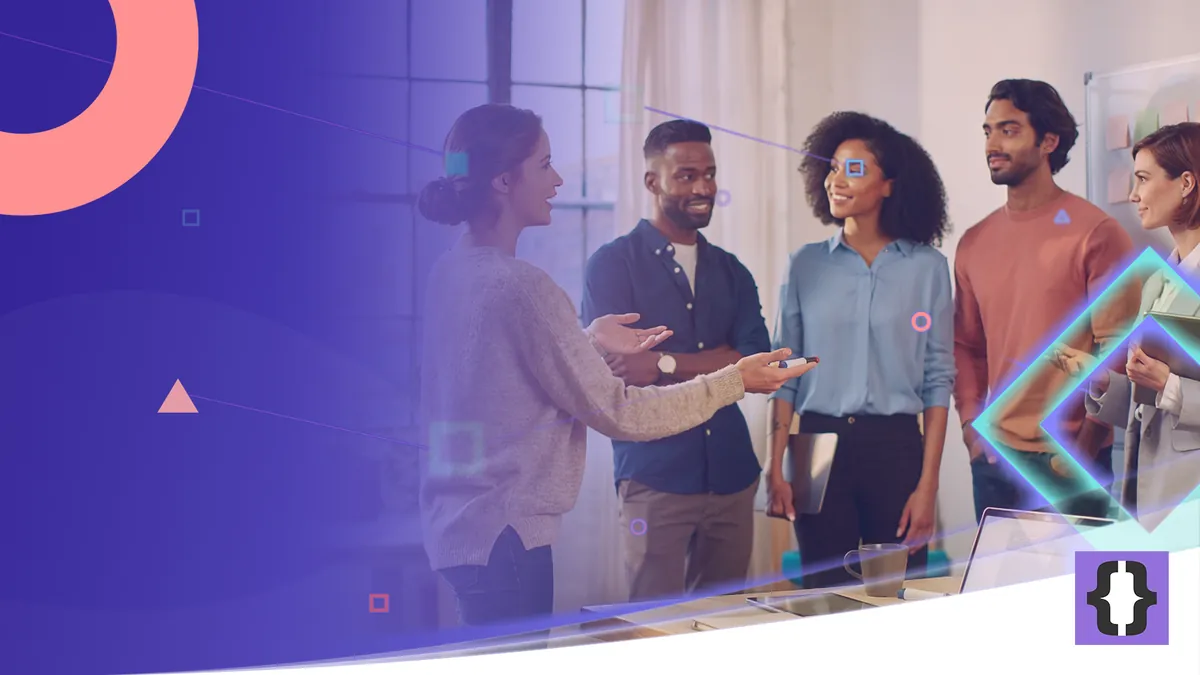 Portada del artículo «Scrum en el desarrollo de software» de OverFuture, sobre una imagen de un equipo de cinco personas en una reunión diaria de pie junto a una pizarra con notas adhesivas