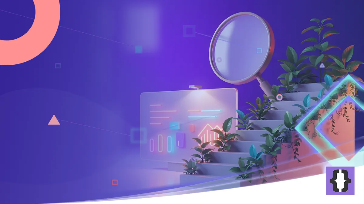 Portada del artículo «SEO vs SEM: diferencias y cuándo usar cada uno» de OverFuture, sobre una imagen de una escalera de plantas hacia una lupa frente a un cartel luminoso