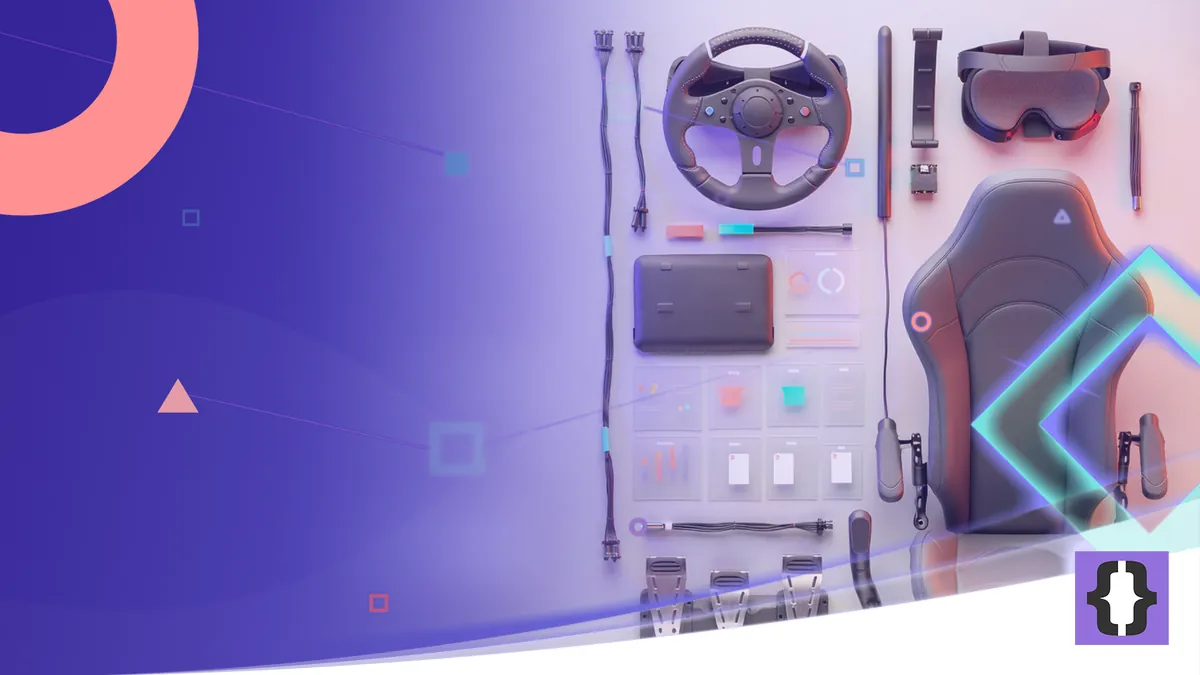 Portada del artículo «Precio de un simulador VR: de qué depende» de OverFuture, sobre una imagen de las piezas de un simulador de conducción VR en despiece