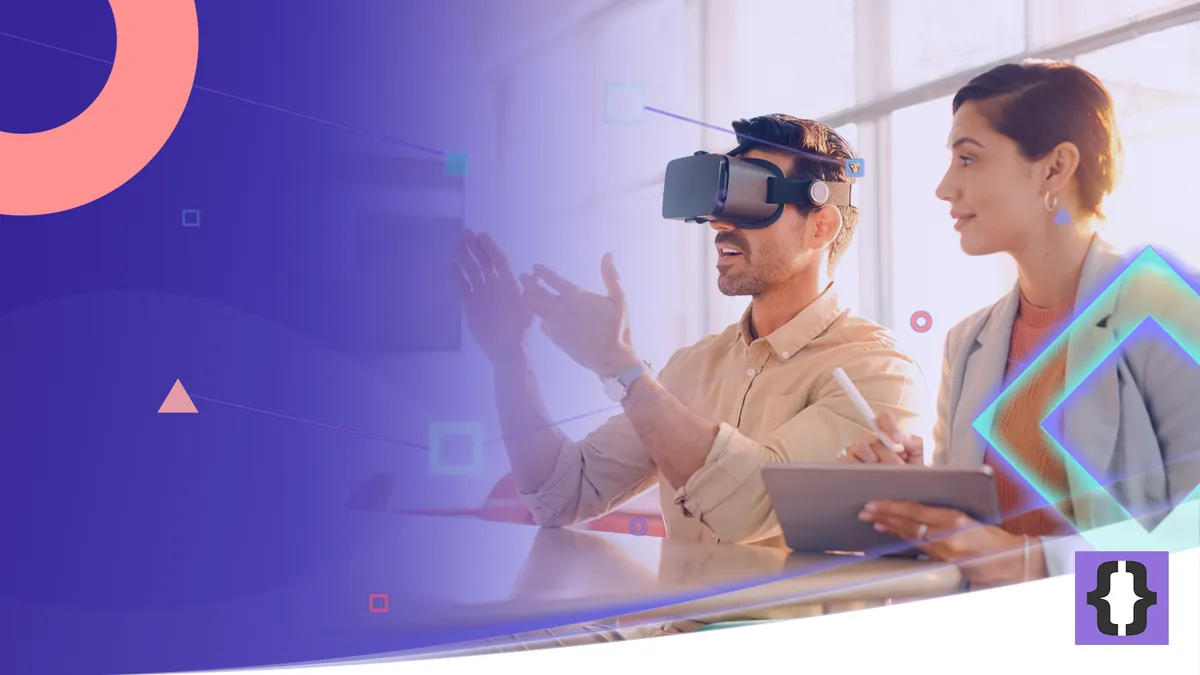 Portada del artículo «Ventajas y desventajas de la realidad virtual» de OverFuture, sobre una imagen de dos compañeros, uno con un visor de realidad virtual y otro que toma notas en una tableta, en una sala de formación