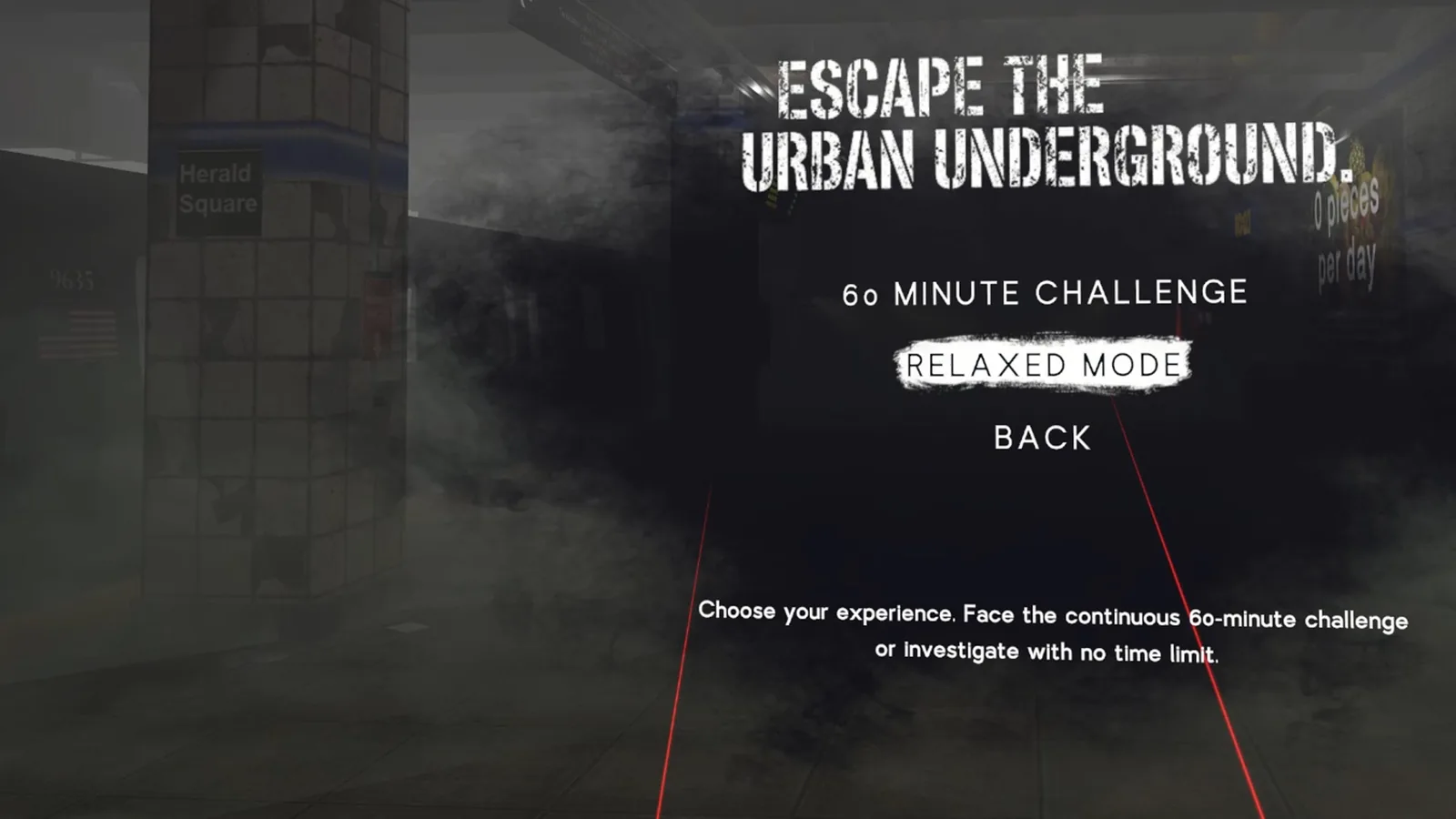 Menú de Escape the Urban Underground con los modos 60-Minute Challenge y Relaxed Mode