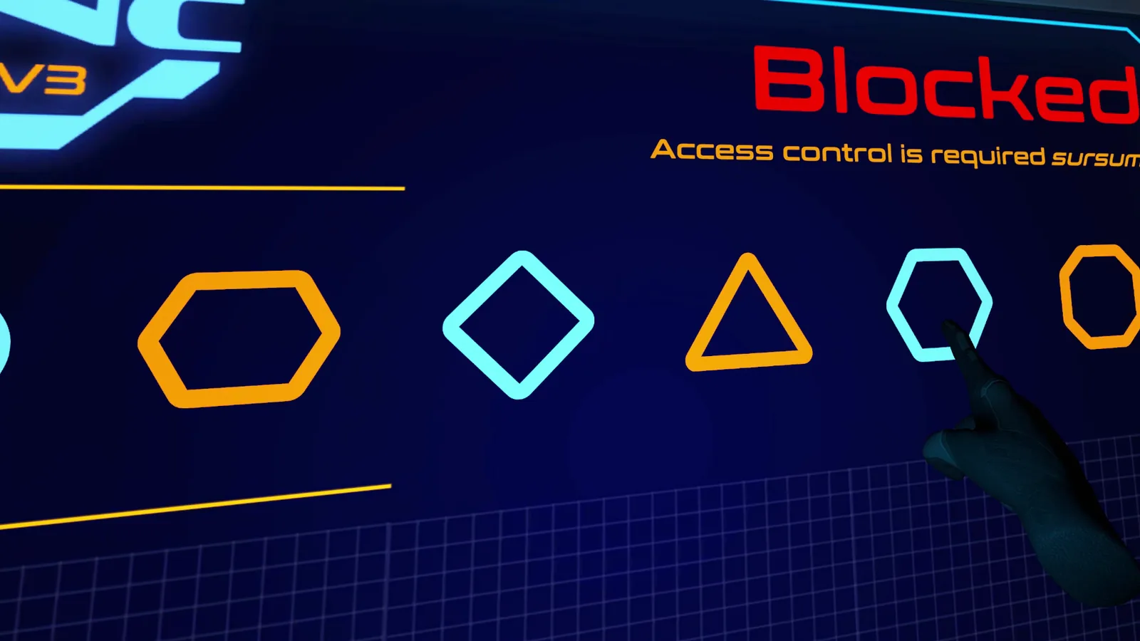 Virtual hand at a puzzle console with symbols in Escape the Urban Underground
