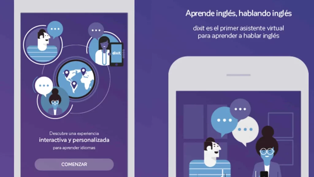 Pantallas de Dixit con ilustraciones de personas conversando y el lema aprende inglés hablando inglés