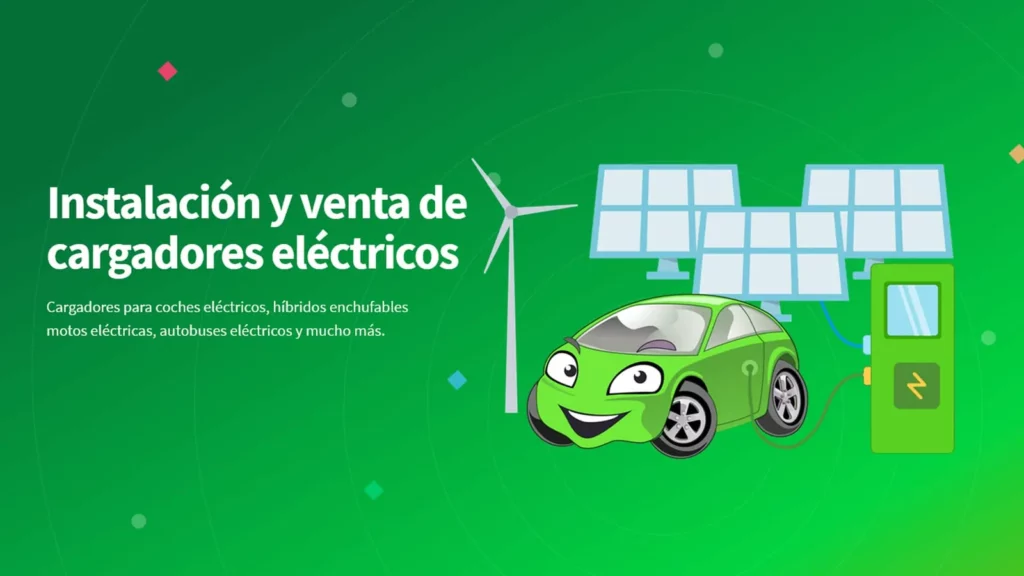 Cabecera de la web de Fymecar con un coche eléctrico ilustrado, placas solares y el titular instalación y venta de cargadores eléctricos