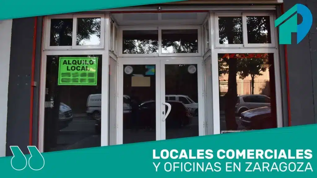 Pieza publicitaria de Locales Zaragoza con la fachada de un local en alquiler y el lema locales comerciales y oficinas en Zaragoza