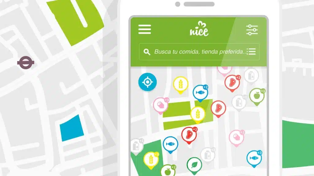 Pantalla de la app Nice to Eat You con un mapa de comercios y un buscador de comida