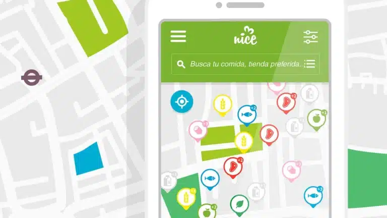 Pantalla de la app Nice to Eat You con un mapa de comercios y un buscador de comida