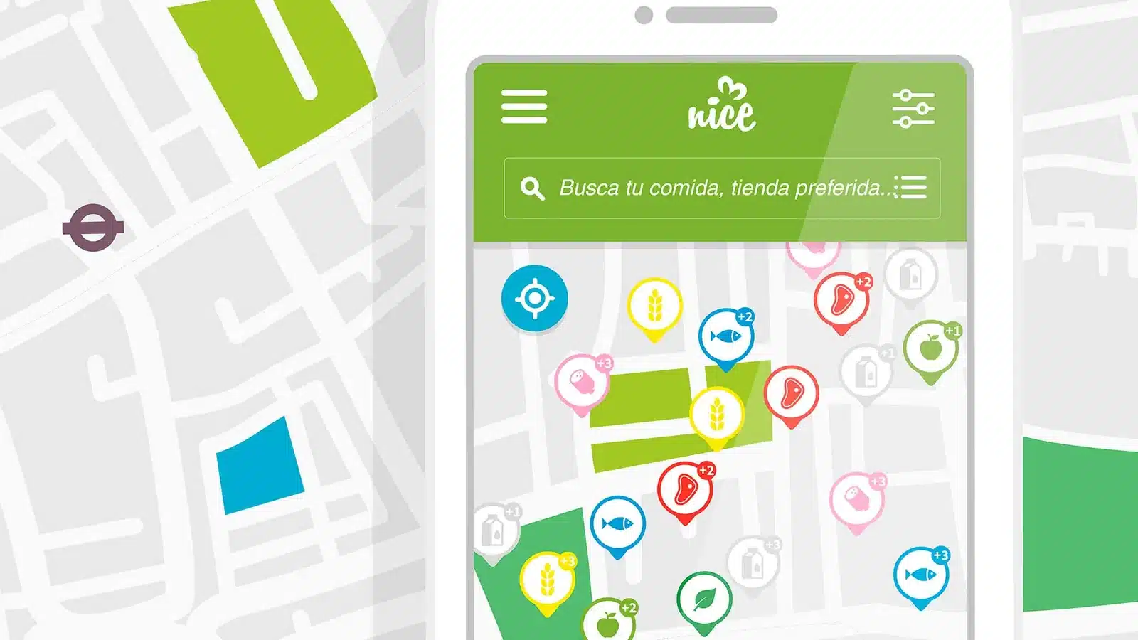 Pantalla de la app Nice to Eat You con un mapa de comercios y un buscador de comida