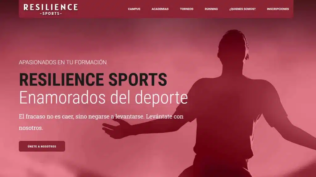 Captura de la portada de la web de Resilience Sports con la silueta de un jugador y el menú de campus, academias, torneos e inscripciones