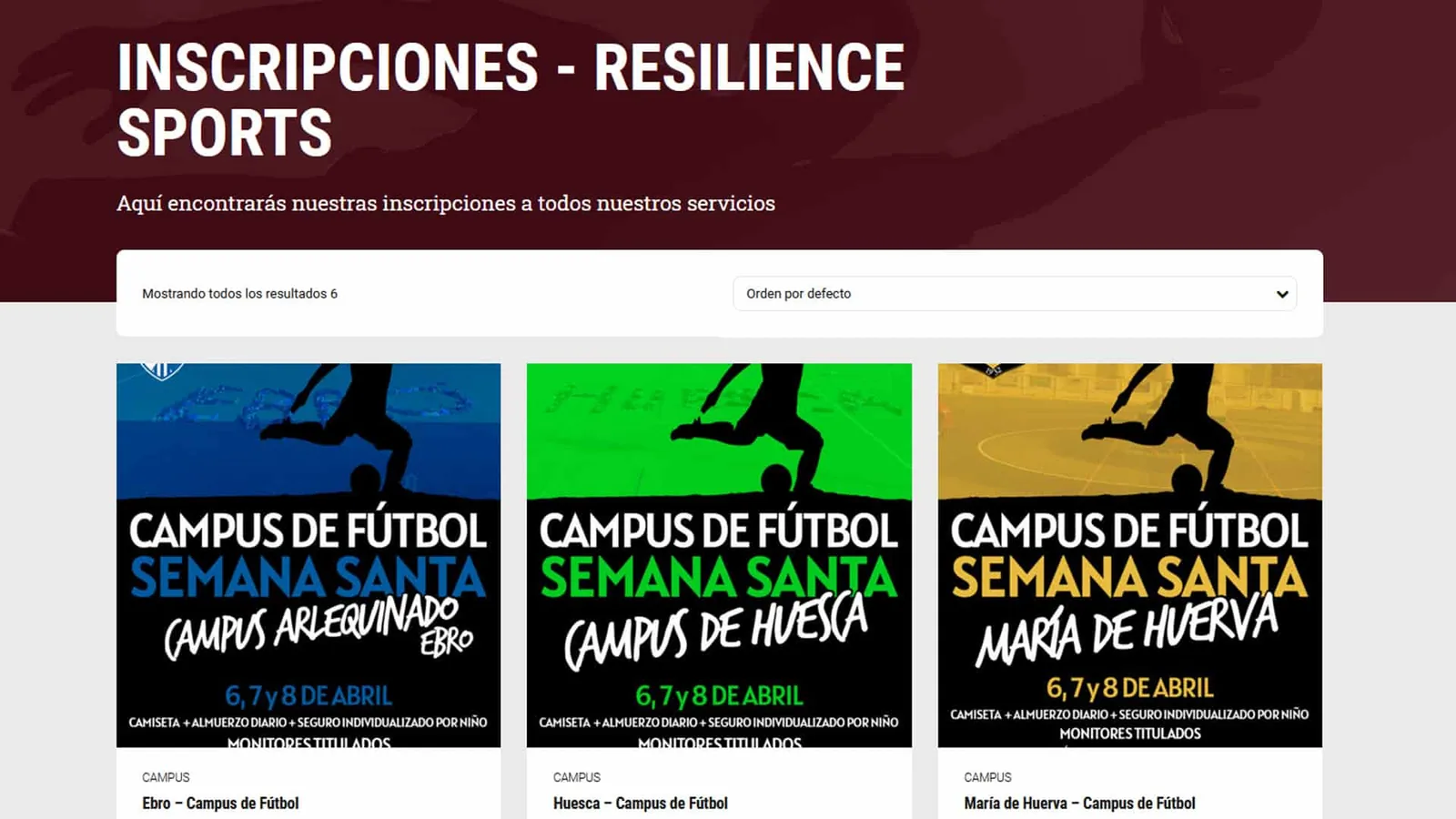 Captura de la página de inscripciones de Resilience Sports con carteles de campus de fútbol