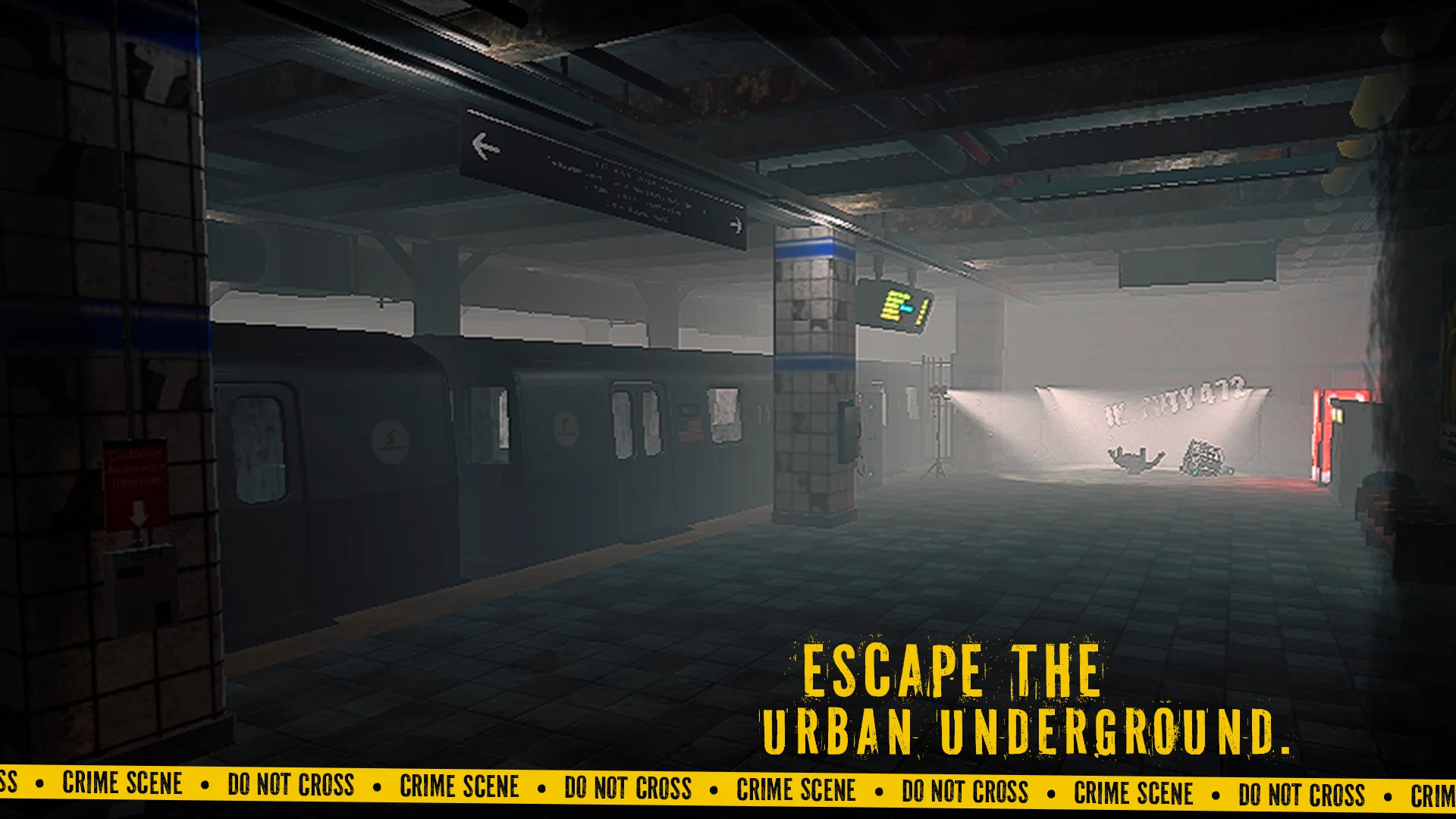 Andén con un tren parado y la escena del crimen iluminada por focos al fondo en Escape the Urban Underground