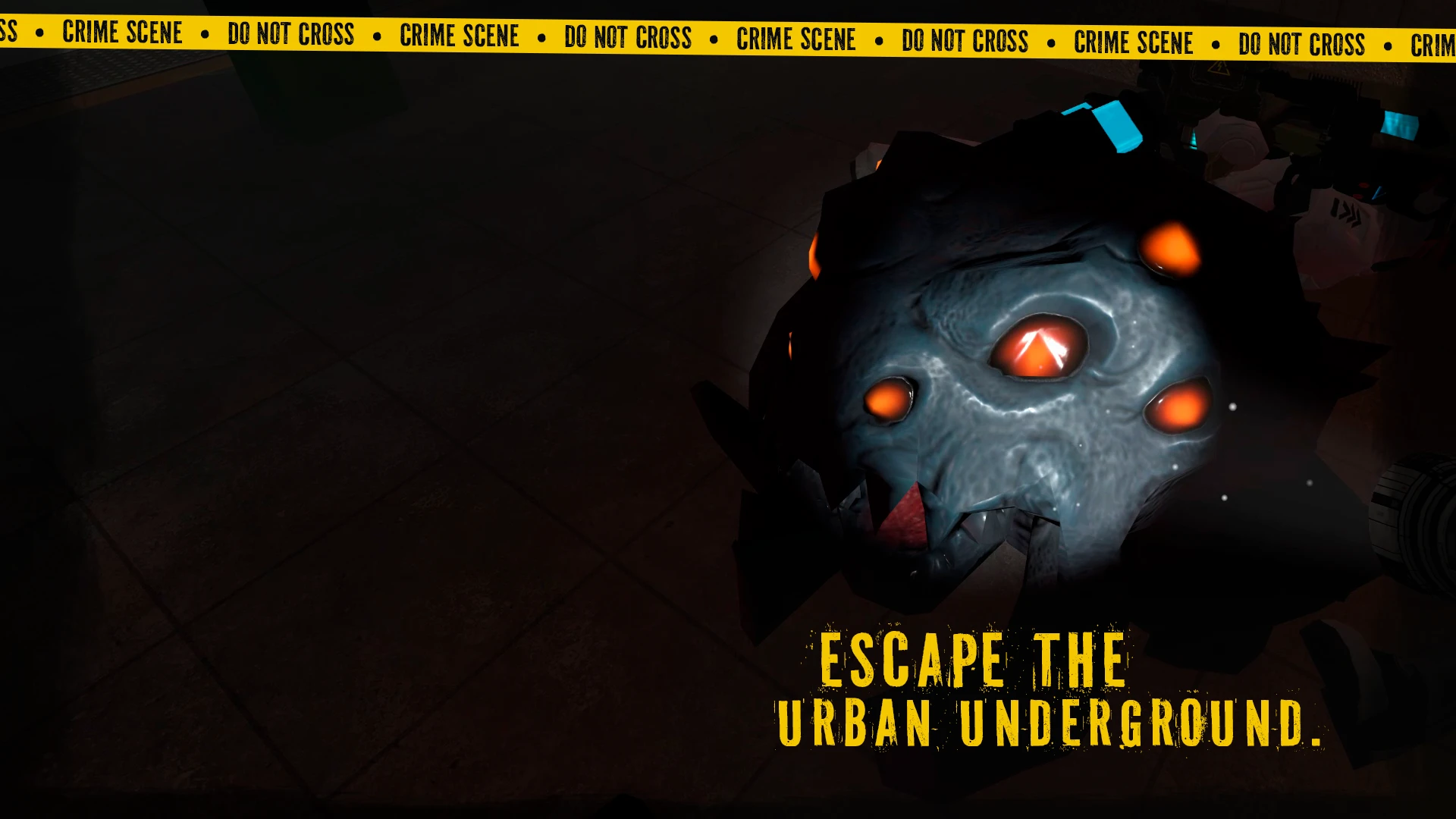 Primer plano de una criatura de piel gris y ojos naranjas en el suelo de la estación de Escape the Urban Underground