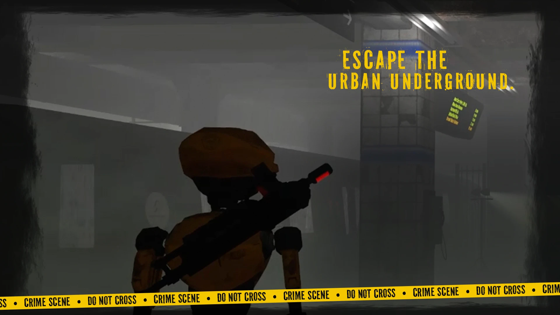 Robot amarillo de espaldas con un arma al hombro en un andén con niebla de Escape the Urban Underground
