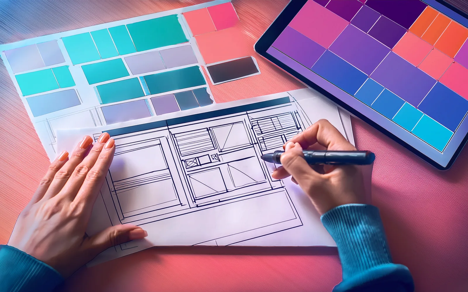 Boceto a mano de la estructura de una página web junto a una tableta con colores